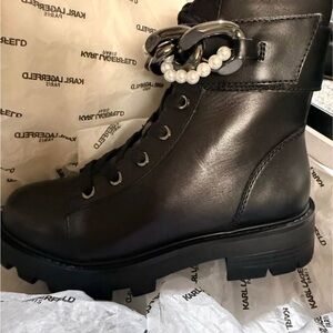 Karl Lagerfeld Black Leather Combat Boots with Pearl Detail